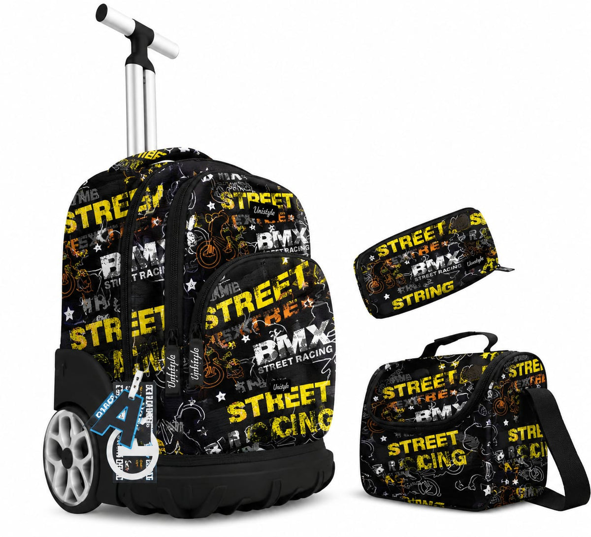 Propositions de Titres (3ONWANE) Option 1 (SEO / Complet) : Cartable à Roulettes 3 Pièces Unistyle – Sac à Dos Scolaire, Trousse et Sac Isotherme (Design BMX Street Racing Noir & Jaune)