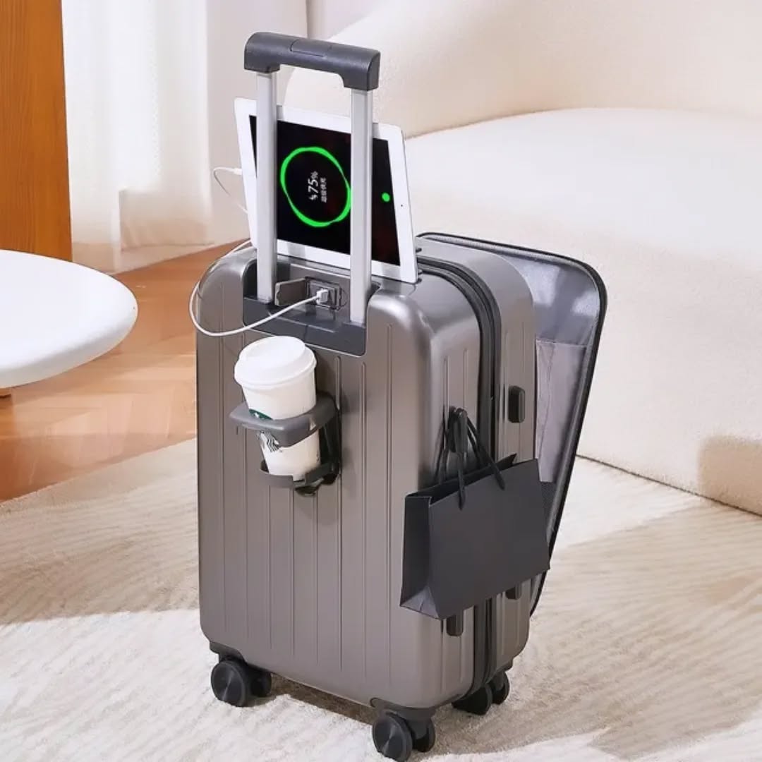 2025 usine nouveau Design ABS + PC aluminium chariot bagages ouverture avant sacs de voyage avec porte-gobelet USB charge valise
