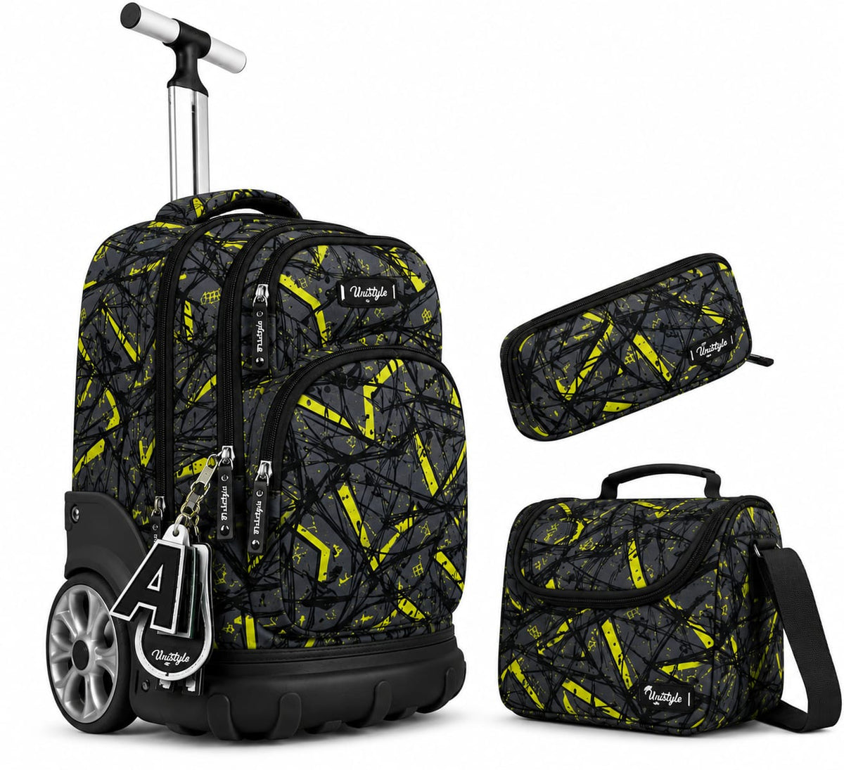 Cartable à Roulettes 3 Pièces Unistyle – Sac à Dos Scolaire, Trousse et Sac Isotherme (Motif Graphique Noir/Jaune)