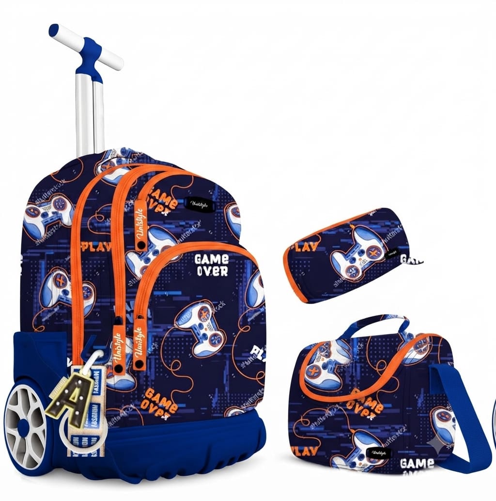 Pack Scolaire 3 en 1 à Roulettes Garçon – Thème Gaming & Game Over (Bleu Marine)