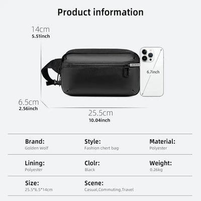 Sac de poitrine Golden Wolf pour homme, sac bandoulière 2 L, sac transversal pour téléphone portable et passeport, sac latéral élégant, sac banane résistant à l’eau, idéal pour le bureau, les sorties décontractées et l’usage quotidien.