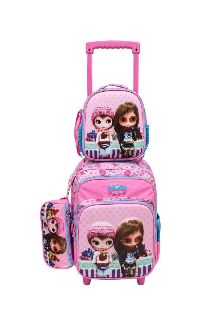 Ensemble de sacs d'école à roulettes (trolley) 3 en 1 pour enfants de Glossy Star - Sac à dos, sac à goûter et trousse au design moderne